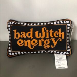 Viral Halloween Bad Witch Energy Cross Stitch Throw Pillow NWT